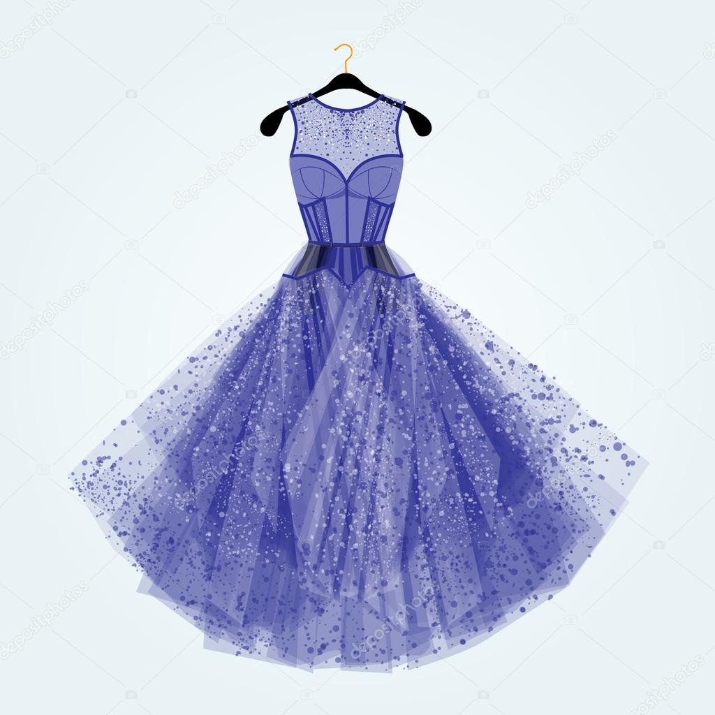 Blue dress with rhinestones. Fashion illustration.  Blue dress for special event.