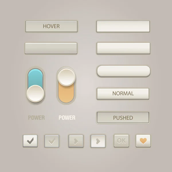Elementy interfejsu użytkownika: przyciski, przełączniki, na, off, odtwarzacz audio, wideo — Wektor stockowy