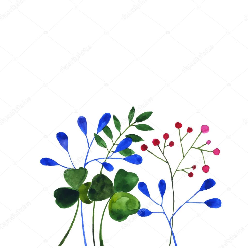 Watercolor doodle with blue flowers and herbs