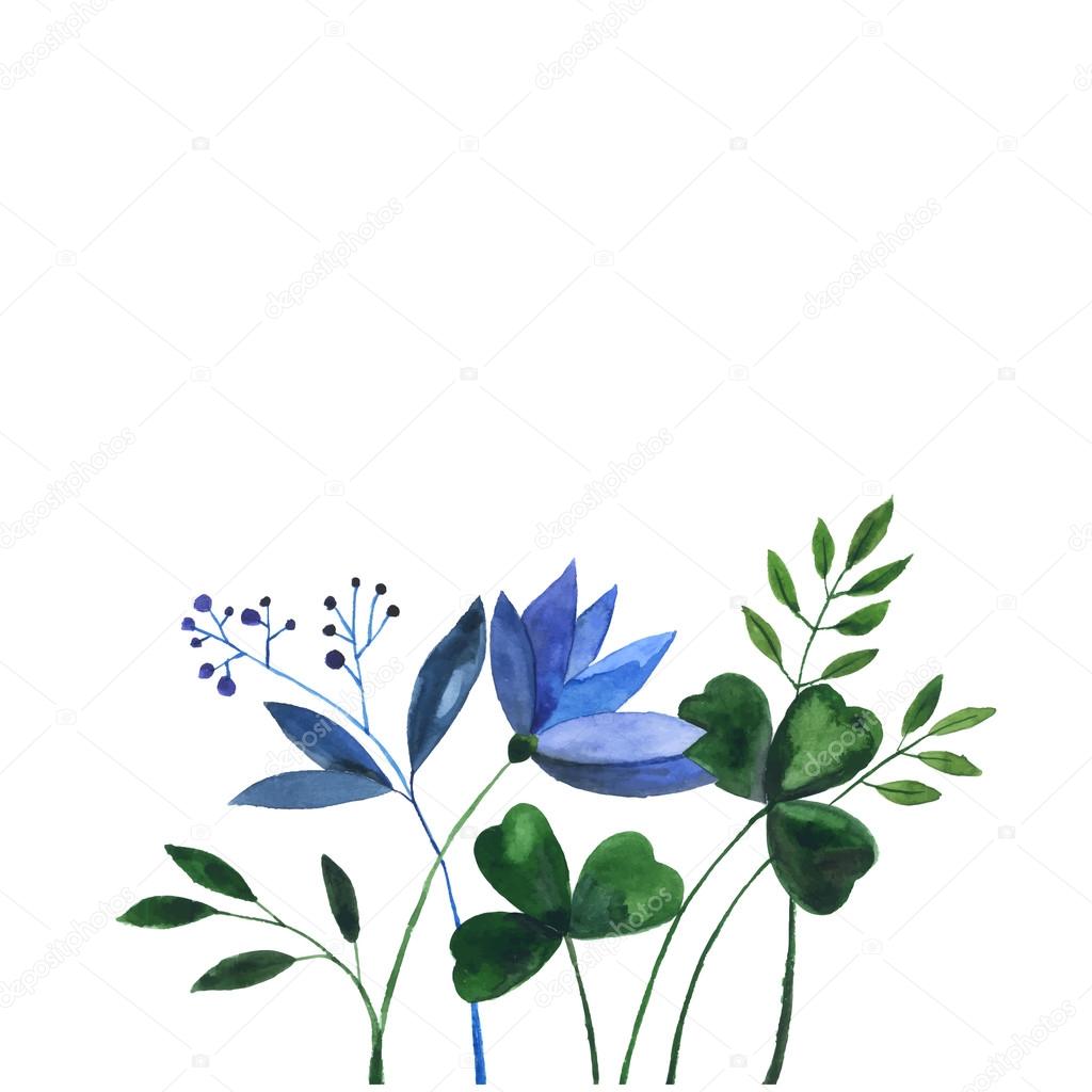 Watercolor doodle with blue flowers and herbs