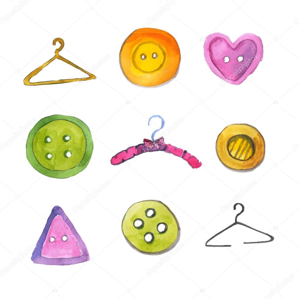 Set of watercolor coat hangers and buttons. Vector illustration