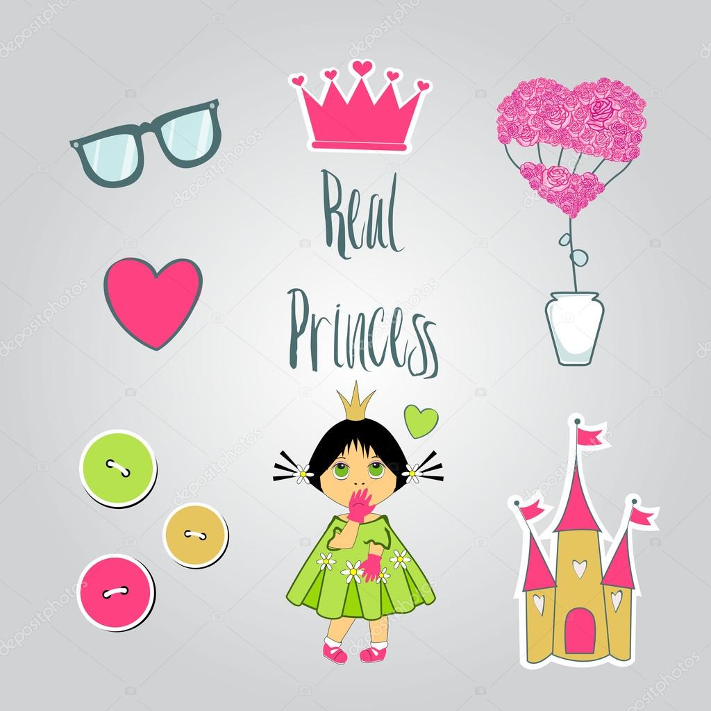 Princess illustration set. Princess,crown,flowers,castle for greeting cards.