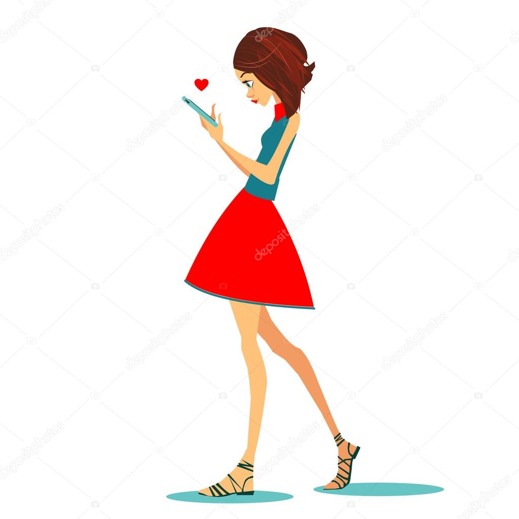 Girl with mobile phone. Vector illustration for holiday cards