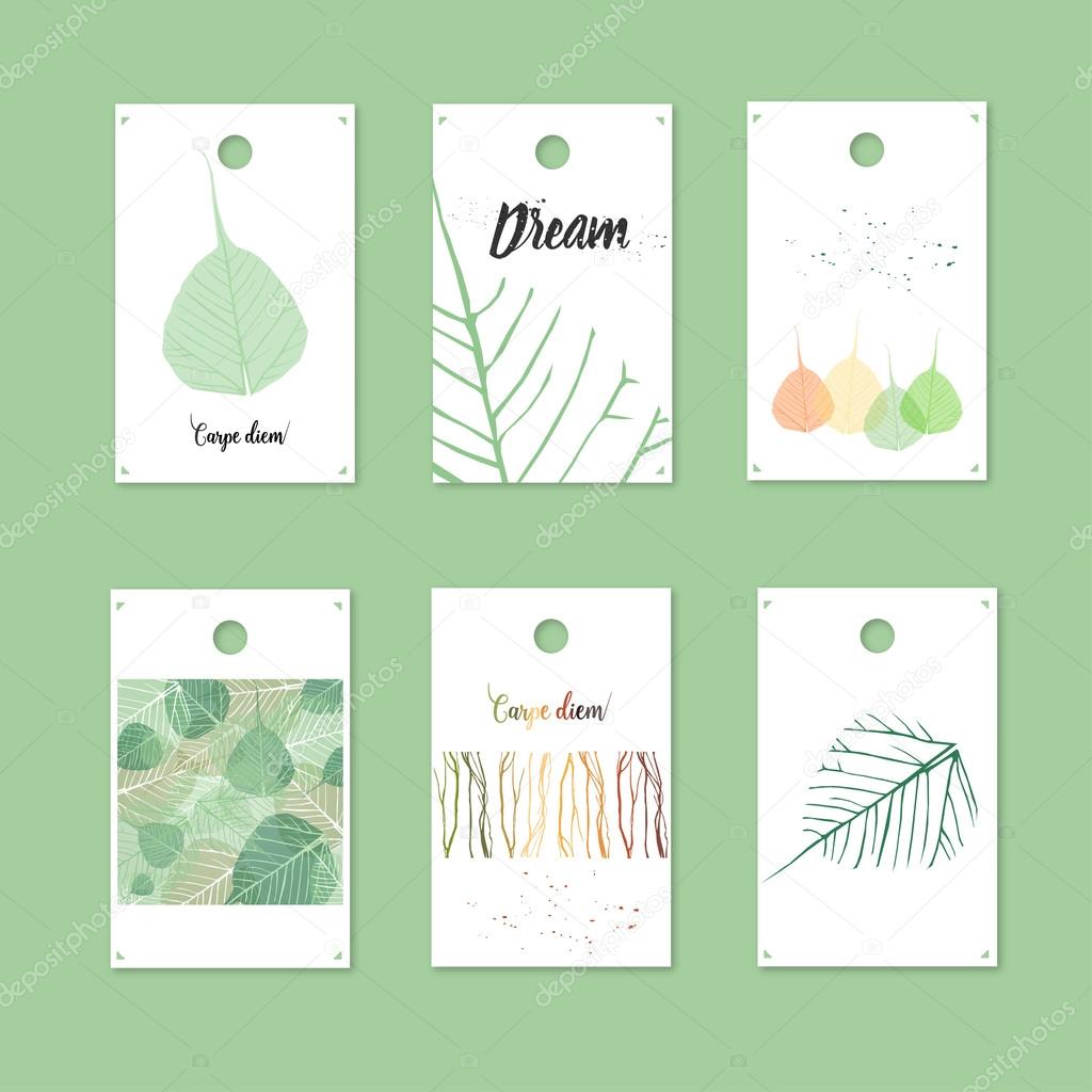 Organic style gift tags and cards with leaves. Stock vector illu