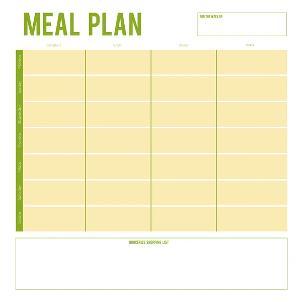 Meal Plan for a week, note page. Vector printable boxes,half boxes, in flat colors for planners, Printable to do pages for life planner. Diet plan page — Stock Vector