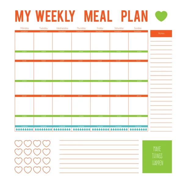 Étkezési terv, egy hétig, naptár. Vektor nyomtatható dobozok, fél doboz, lapos színek a tervezők, nyomtatható oldalak élet tervező tenni. Diéta lap — Stock Vector