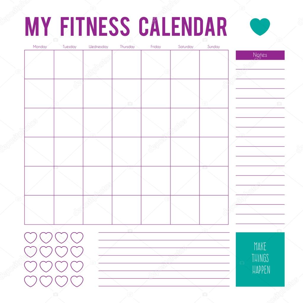 Fitness calendar plan for a week,calendar page. Vector printable boxes,half boxes, in flat colors for planners, Printable to do pages for life planner. Workout plan page