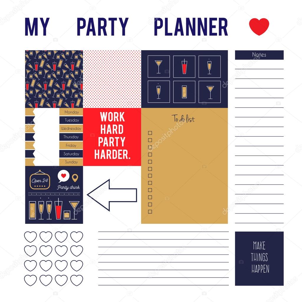 Planner page for party with stickers,printable files. Vector printable boxes,half boxes,motivation quotes, in flat colors for planners, Printable to do pages for life planner.