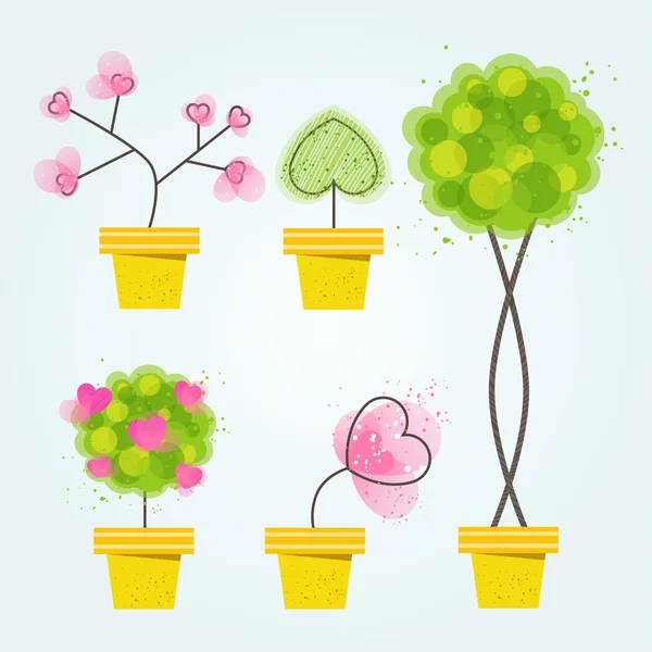 Jarní květiny a stromy v květináčích. Vektorové ilustrace čerstvé květiny v květu — Stockový vektor
