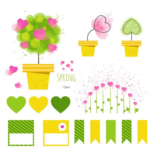 Set of vector spring decorative elements.Flowers in pots with stickers,printable files. Vector printable boxes,half boxes, in flat colors for party decor. — Stock Vector