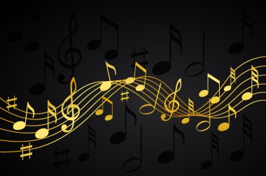 Gold music notes on a solide black background clipart