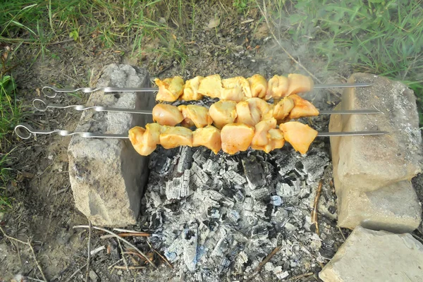 3本の串に刺さったケバブの形をしたチキンフィレは自然火で揚げたものです — ストック写真