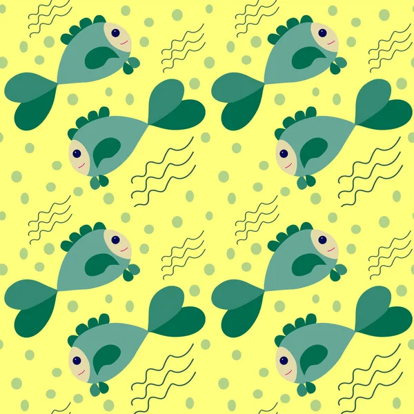 Бесшовный Рисунок Зеленый Изумрудно Нарисованные Смешные Рыбы Голубые Пузыри Волнистые — стоковый вектор