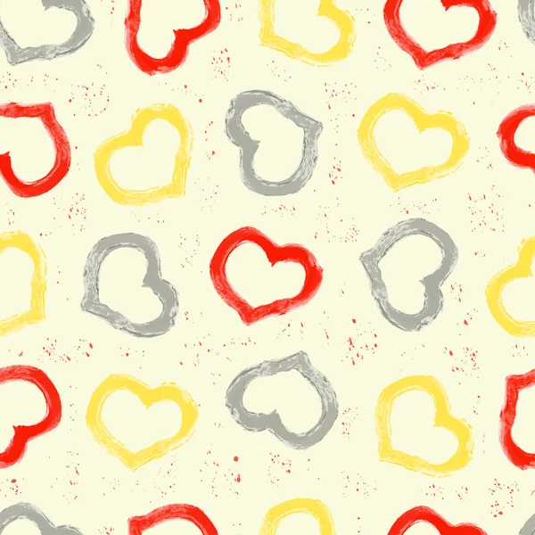 Seamless Pattern Red Gray Yellow Hearts Drawn Brush Light Background — Archivo Imágenes Vectoriales