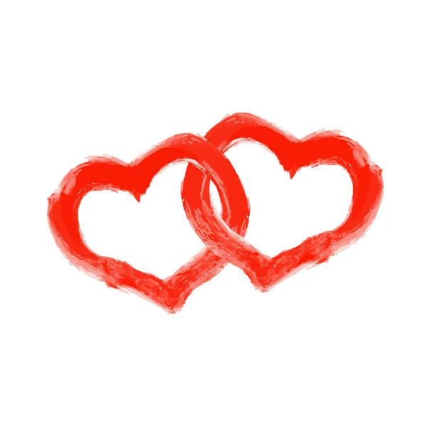 Två Sammanflätade Röda Hjärtan Dras Med Borste Vit Bakgrund — Stock vektor