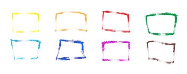 Beyaz arkaplanda bir fırça ile çizilmiş çok renkli dikdörtgen çerçeve seti