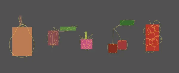 一组水果 由黄色的一条线画在灰色背景上 有五彩斑斓的矩形 两个樱桃 野浆果 红醋栗和覆盆子 — 图库矢量图片
