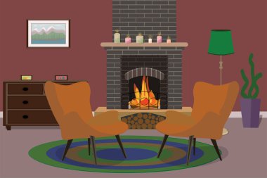 İki kırmızı koltuk tuğla şöminenin yanında oturma odasındaki oval halıda duruyor. Çekmeceli, zemin lambalı ve duvarında bir resim var.