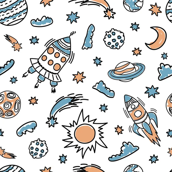 seamless pattern doodle style rockets, planets, comets, Saturn, stars, asteroids, sun, moon, spaceship and clouds casually painted with marker on white background