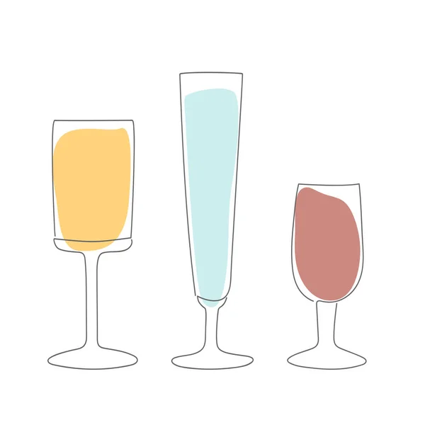 3杯不同形状的玻璃杯 画成涂鸦状 线条坚实 背景为蓝色 粉色和橙色 背景为白色 — 图库矢量图片