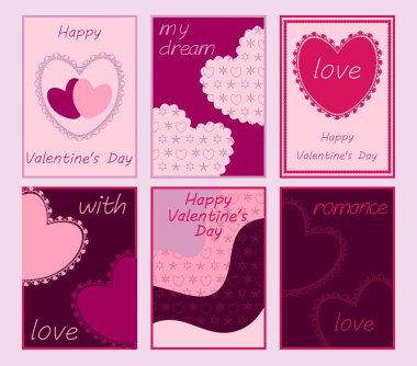 İçinde romantik yazılar olan altı tane Sevgililer Günü kartı. Poster, kart, reklam ve satış için ideal.