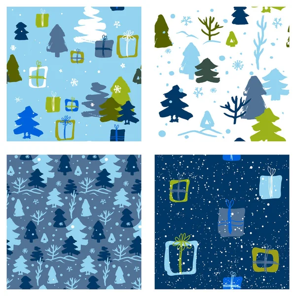 Modèles d'hiver bleu pour les enfants avec des villages et de la neige pour l'emballage cadeau — Image vectorielle