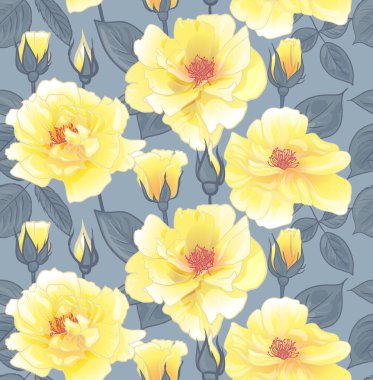 Yüzey tasarımı için sarı güllerin yanı sıra ambalaj ve tekstil desenleri.