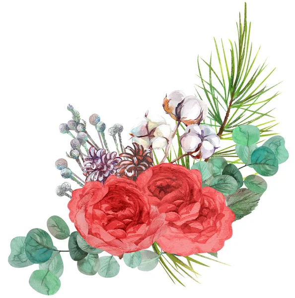 Ramo de Navidad con rama de abeto de coníferas y flores de rosa roja —  Fotos de Stock