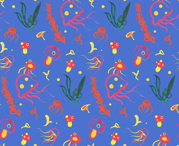 Blue cartoony pattern painted in gouache leaves on a pink background with amanita and jellyfish — Stock Photo, Image