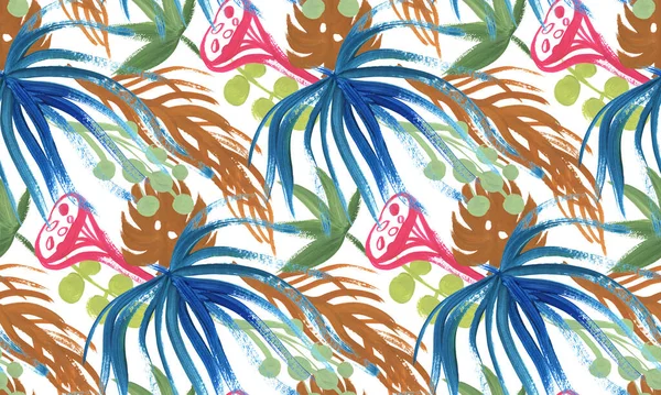 Kuru palmiye yapraklarıyla gıyabında boyanmış tropikal desenler. — Stok fotoğraf