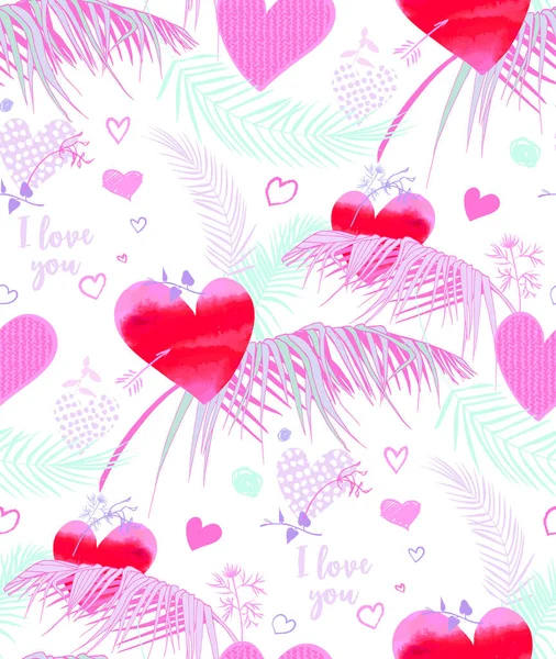 Bright cute seamless pattern for Valentine is day with pink hearts and palm branches — Stock Vector