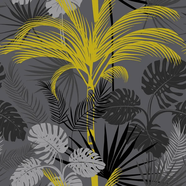 Gri Arka Planlı Tropik Desenler Çalılı Yapraklı Palmiye Ağaçları — Stok Vektör