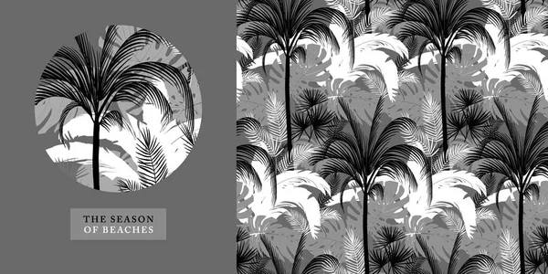 Tropical set of print in black and white colors with palms — Stock Vector