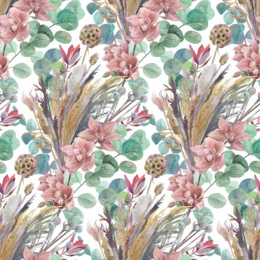 Kurumuş çiçeklerle sulu boyayla boyanmış eski tarz desen 