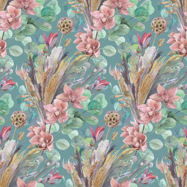 Orkide çiçekleri, kurutulmuş çiçeklerden oluşan bitki örtüsü ve koyu yeşil bir dalda okaliptüs deseni.