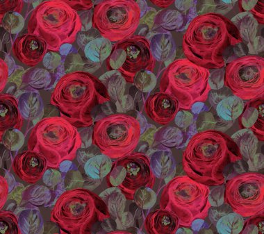 Kırmızı gül çiçekleriyle retro suluboya çiçeksiz desen