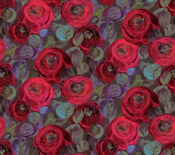 Retro aquarela floral sem costura padrão com flores vermelhas rosa — Fotografia de Stock