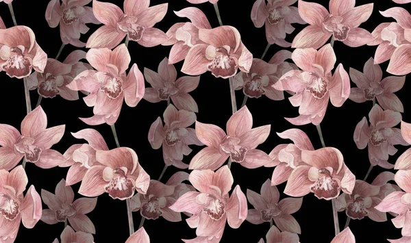 Watercolor seamless pattern with orchid flowers on black background — Stockfoto