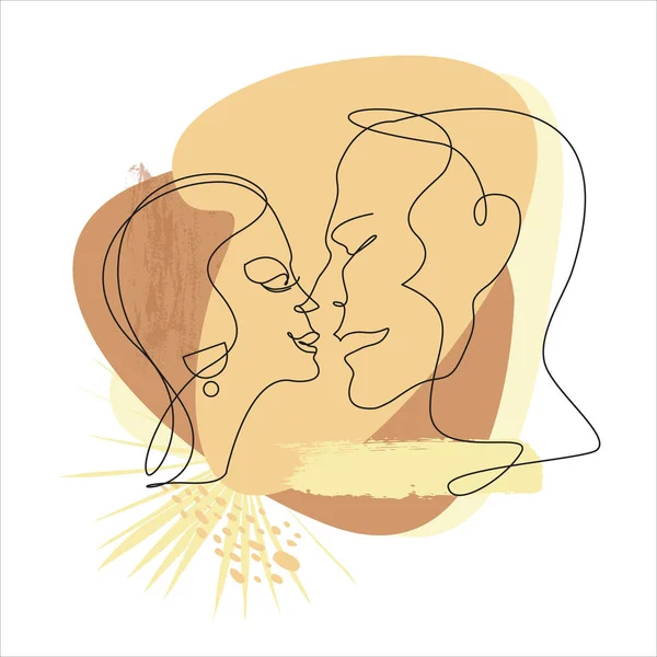Абстрактний портрет дівчини і хлопця, який цілується в одному рядку з елементами бохо стилю — стоковий вектор