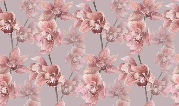 Aquarel bloemen naadloos patroon met orchidee bloemen op grijze achtergrond — Stockfoto