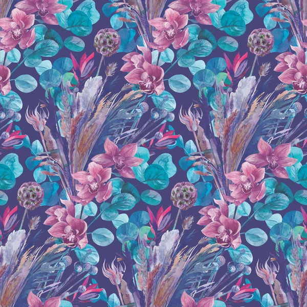 Aquarell nahtloses Muster mit Orchideen und getrockneten Blumen auf dunkelblauem Hintergrund — Stockfoto