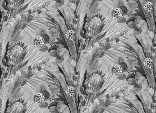 Svart och vit bukett torkade blommor med protea blomma målad i akvarell — Stockfoto