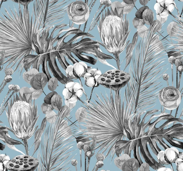 Чорно-білий ніжний акварельний безшовний візерунок з гербарієм сухих пальмових листків з протеєю та монстерою — стокове фото