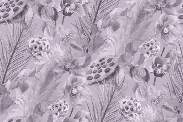 Tropiskt mönster med torkade blommor herbarium med orkidé blomma och torra palmkvistar i boho stil i grå nyanser — Stockfoto