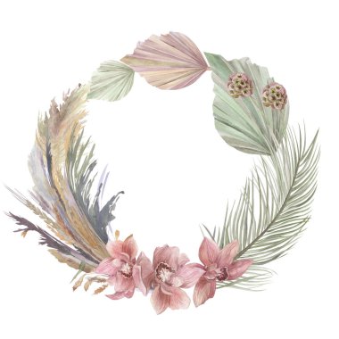 Kuru palmiye dalları, orkide ve pampa otları olan kartlar için suluboya çerçeve