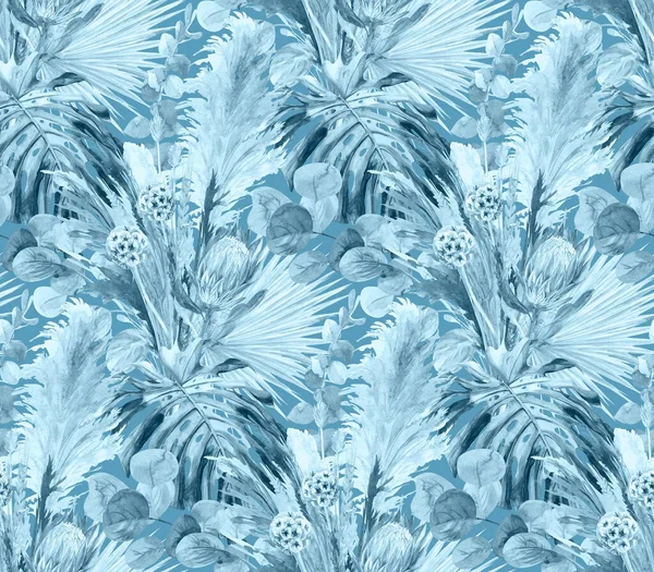 Blue watercolor seamless pattern of dried flowers with protea and monstera flower — Φωτογραφία Αρχείου