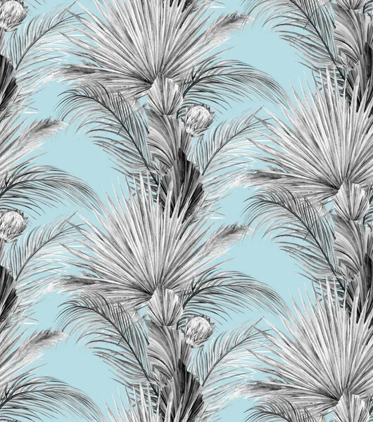 Suluboya dikişsiz siyah beyaz desenli kuru palmiye yaprakları tropikal palmiye ve protea çiçeği — Stok fotoğraf