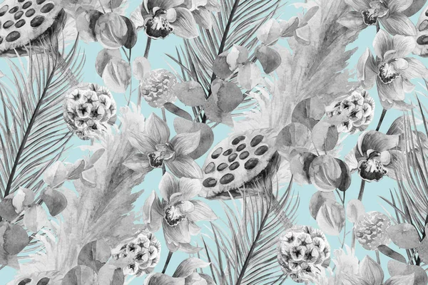 Czarny i biały akwarela bezszwowy monochromatyczny wzór z suchych liści palmowych i orchidei — Zdjęcie stockowe