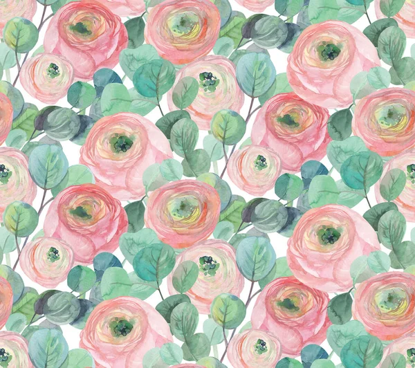 Seamless pattern with delicate roses and eucalyptus branches on a white background — Φωτογραφία Αρχείου