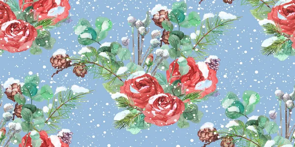 Muster mit Winter-Weihnachtssträußen aus Rosen mit getrockneten Blumen im Schnee auf blauem Hintergrund — Stockfoto